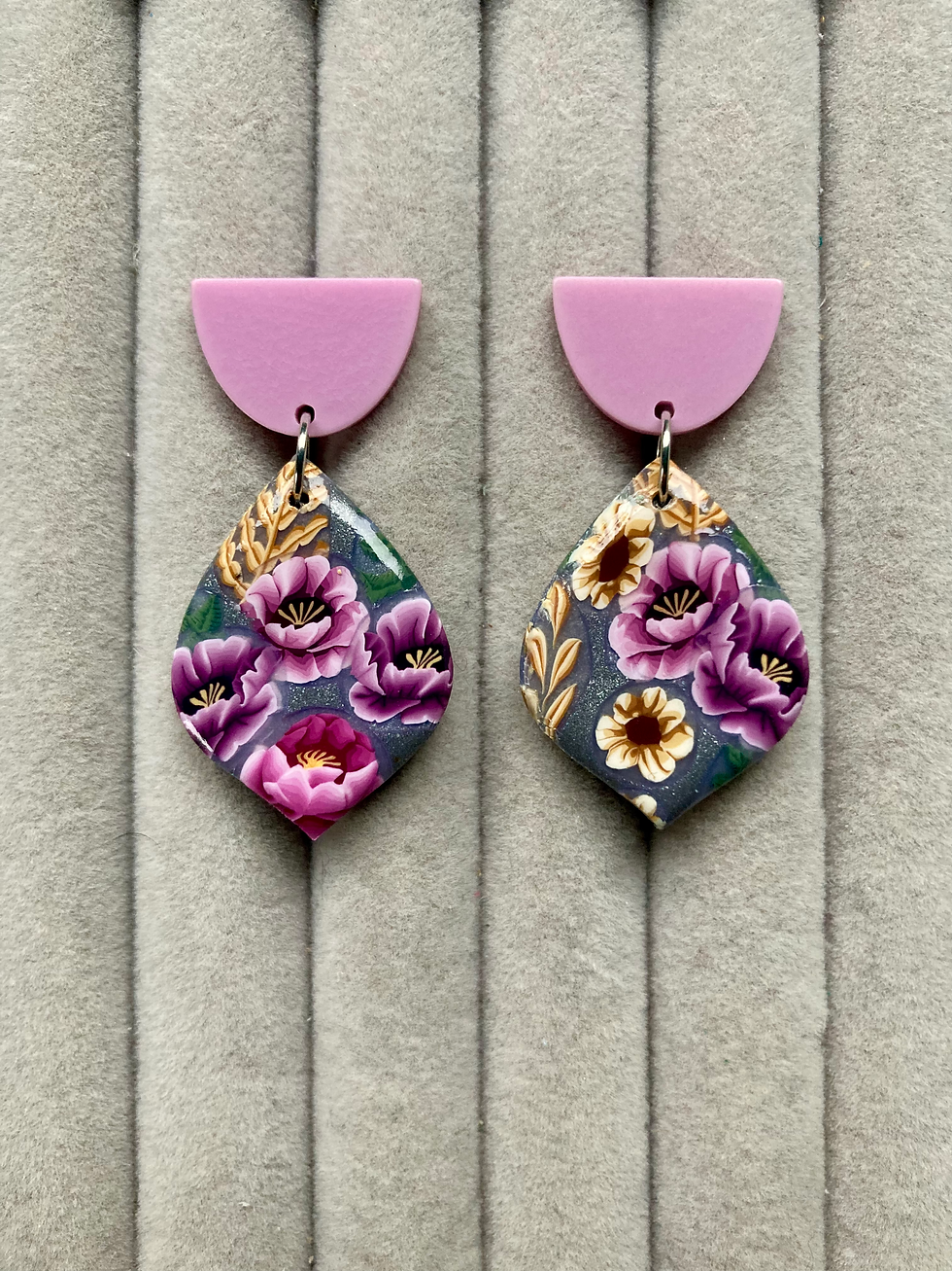 Thumbnail: Peonies garden large leaf earrings on acrylic pink studs