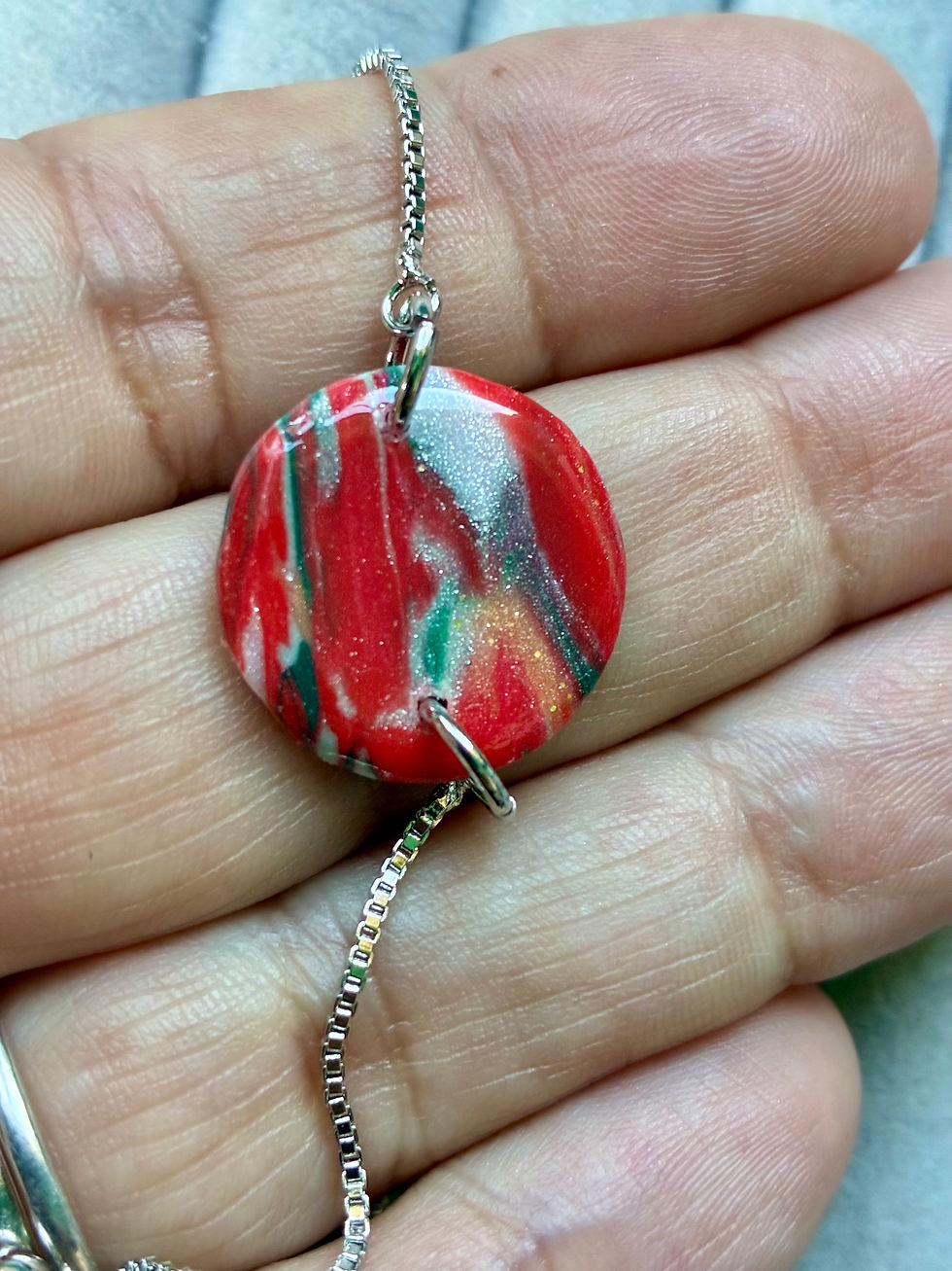 Thumbnail: Red, green and white polymer clay ring and bracelet set