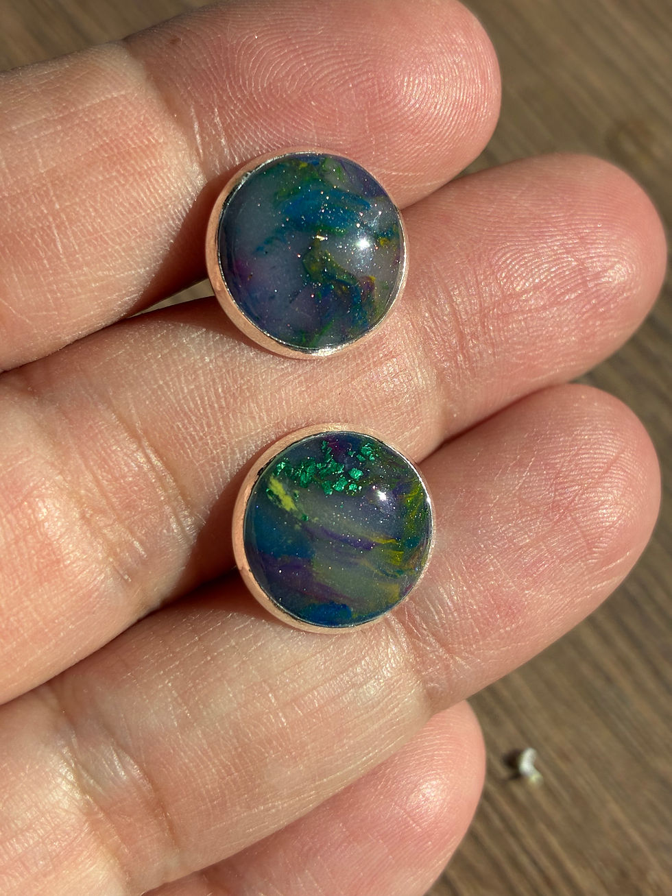 Thumbnail: Dark stained glass style polymer clay cufflinks on stainless steel fittings 