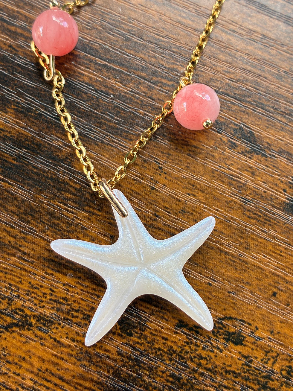 Thumbnail: Pink stone and iredescent polymer clay starfish necklace (gold plated)