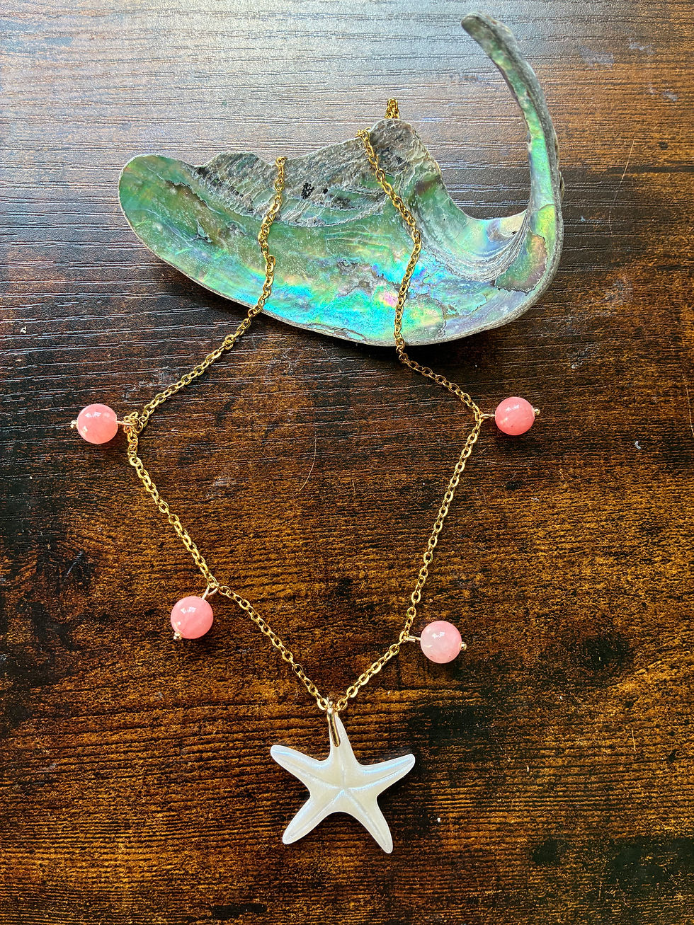 Thumbnail: Pink stone and iredescent polymer clay starfish necklace (gold plated)