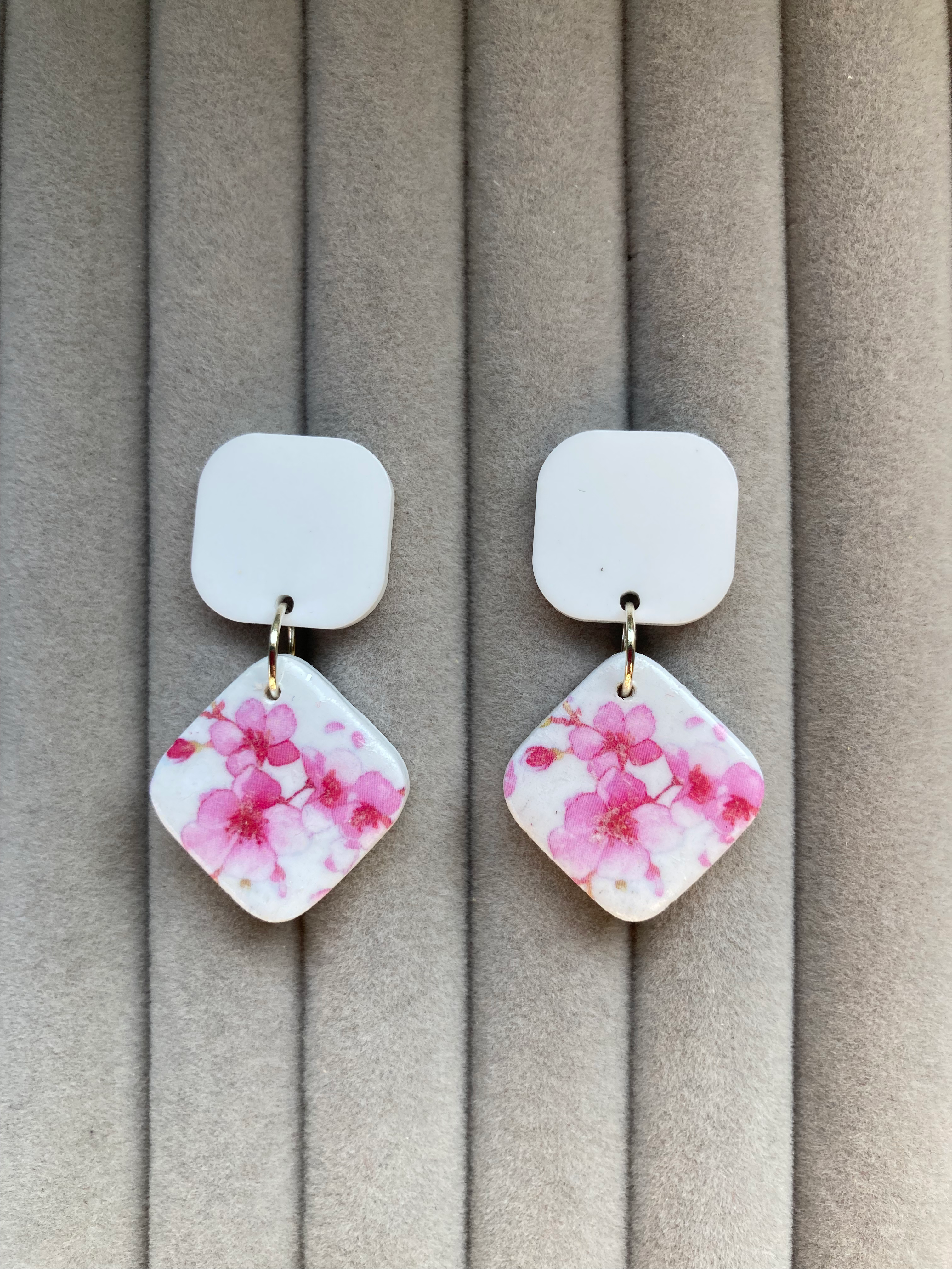 Pink sakura flowers Emporio Prints fan earrings on white acrylic studs
