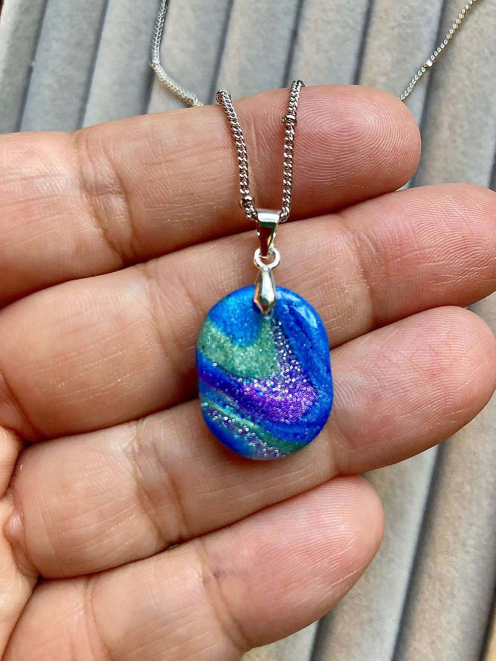 Thumbnail: Oval necklace in purple, blue and green (chain included)
