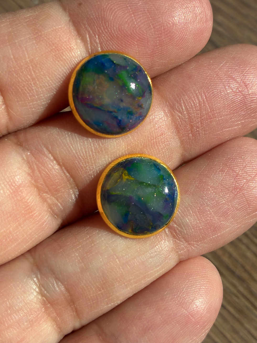 Thumbnail: Dark stained glass style polymer clay cufflinks on gold plated fittings 