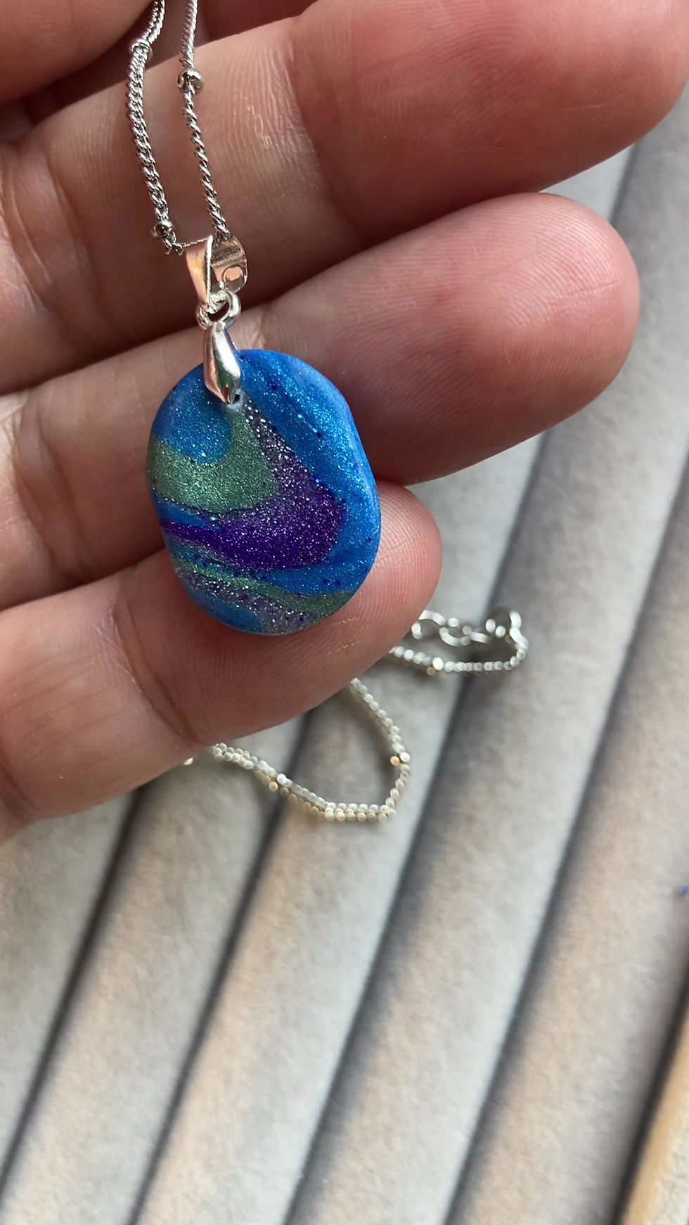 Thumbnail: Oval necklace in purple, blue and green (chain included)
