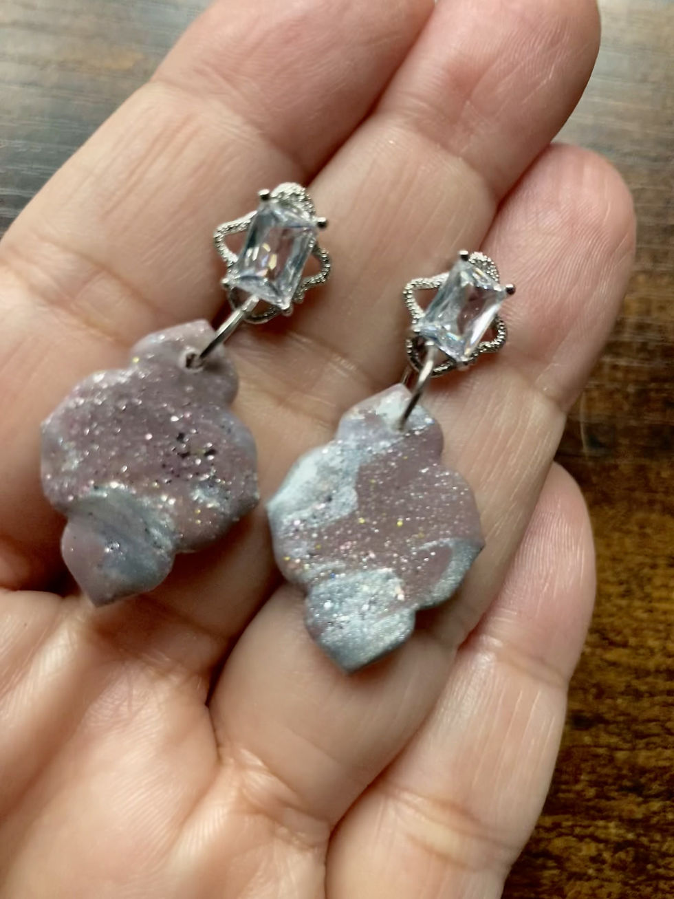 Thumbnail: Sparkly silver and antique mauve earrings on stainless steel liberty studs