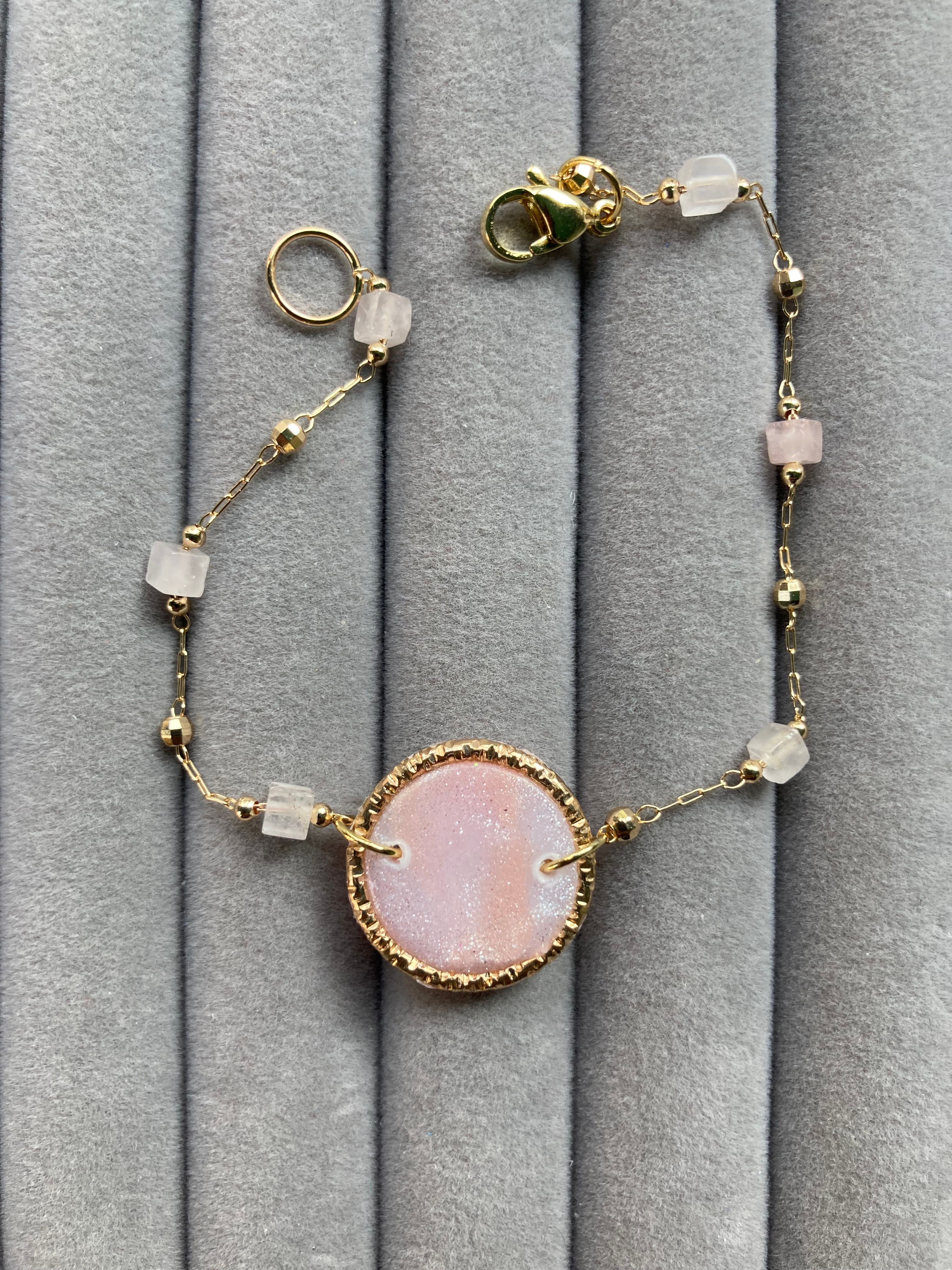 Pink and white bracelet with rose quartz beaded chain