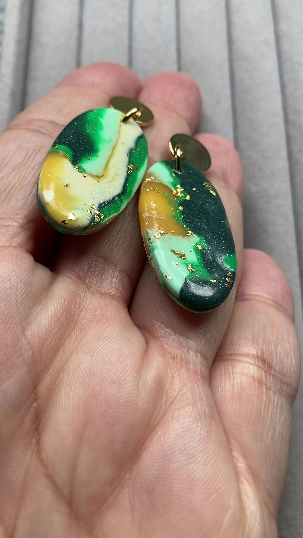 Thumbnail: Large green yellow and white oval earrings on circle studs
