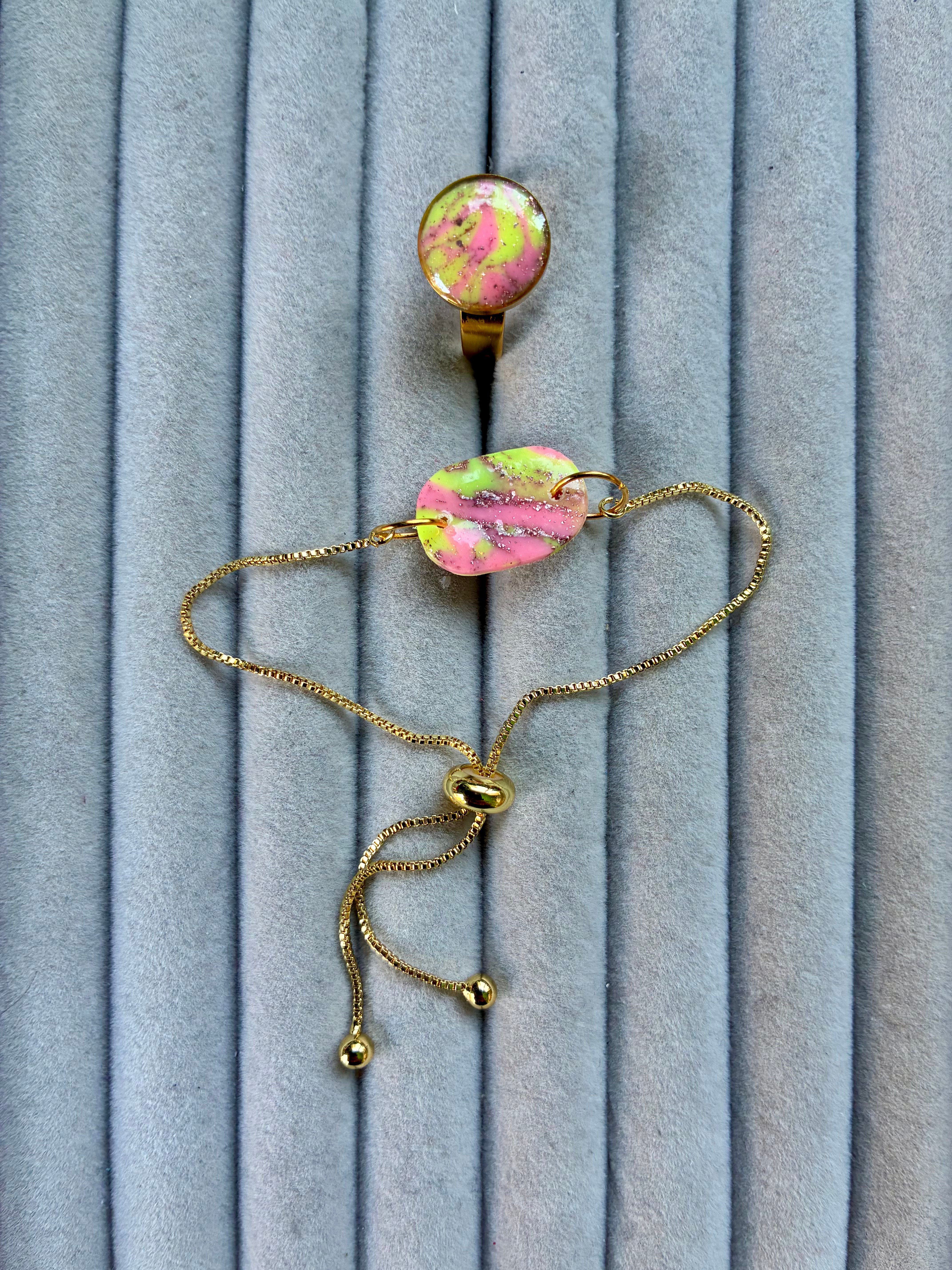 Gold plated yellow and pink polymer clay ring and bracelet set
