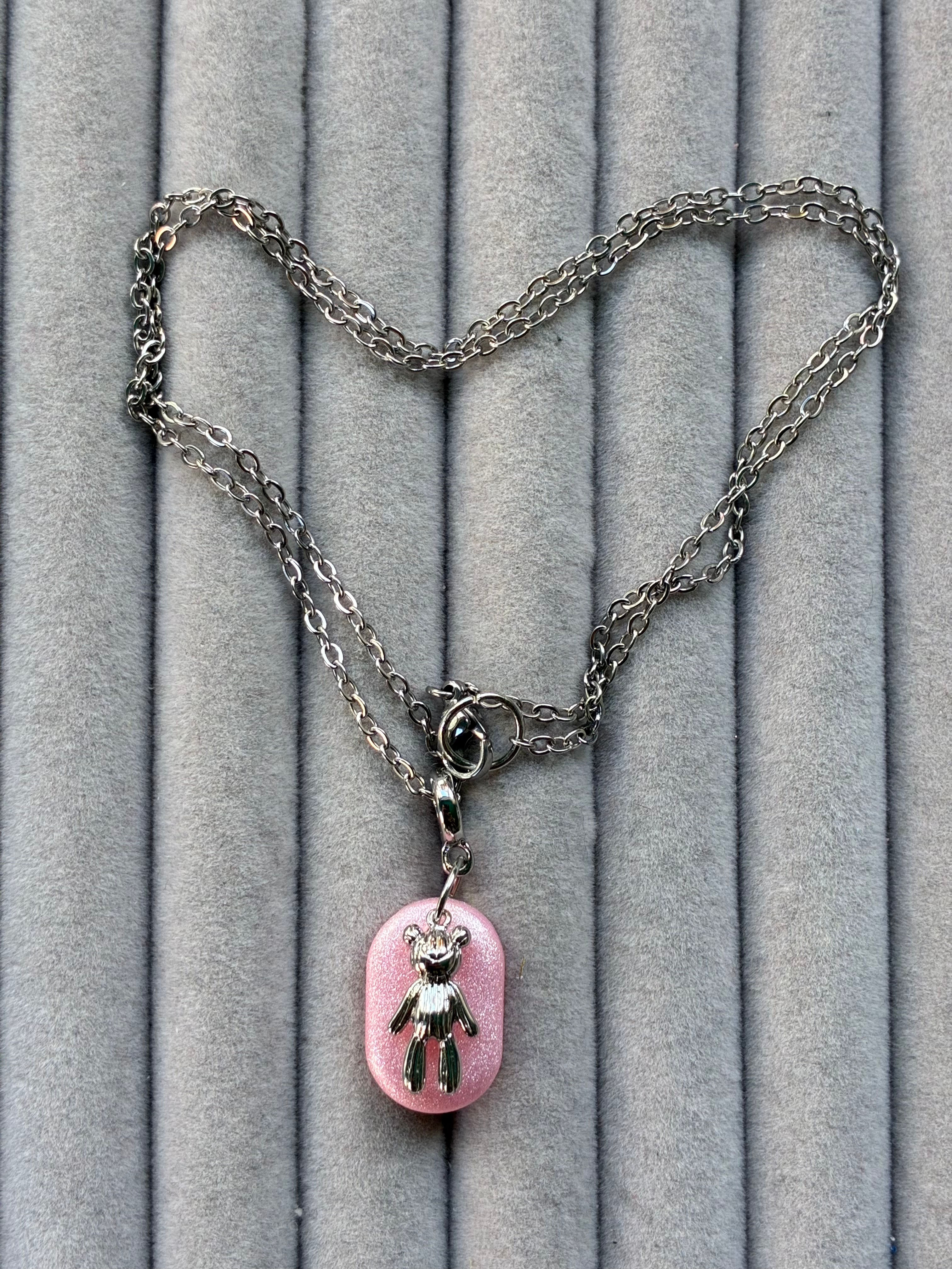 ‘To the moon and back’ pink little bear necklace on stainless steel fittings