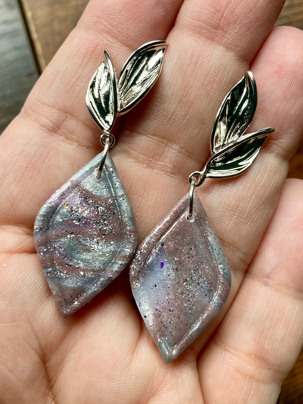 Thumbnail: Sparkly silver and antique mauve earrings on leaf studs