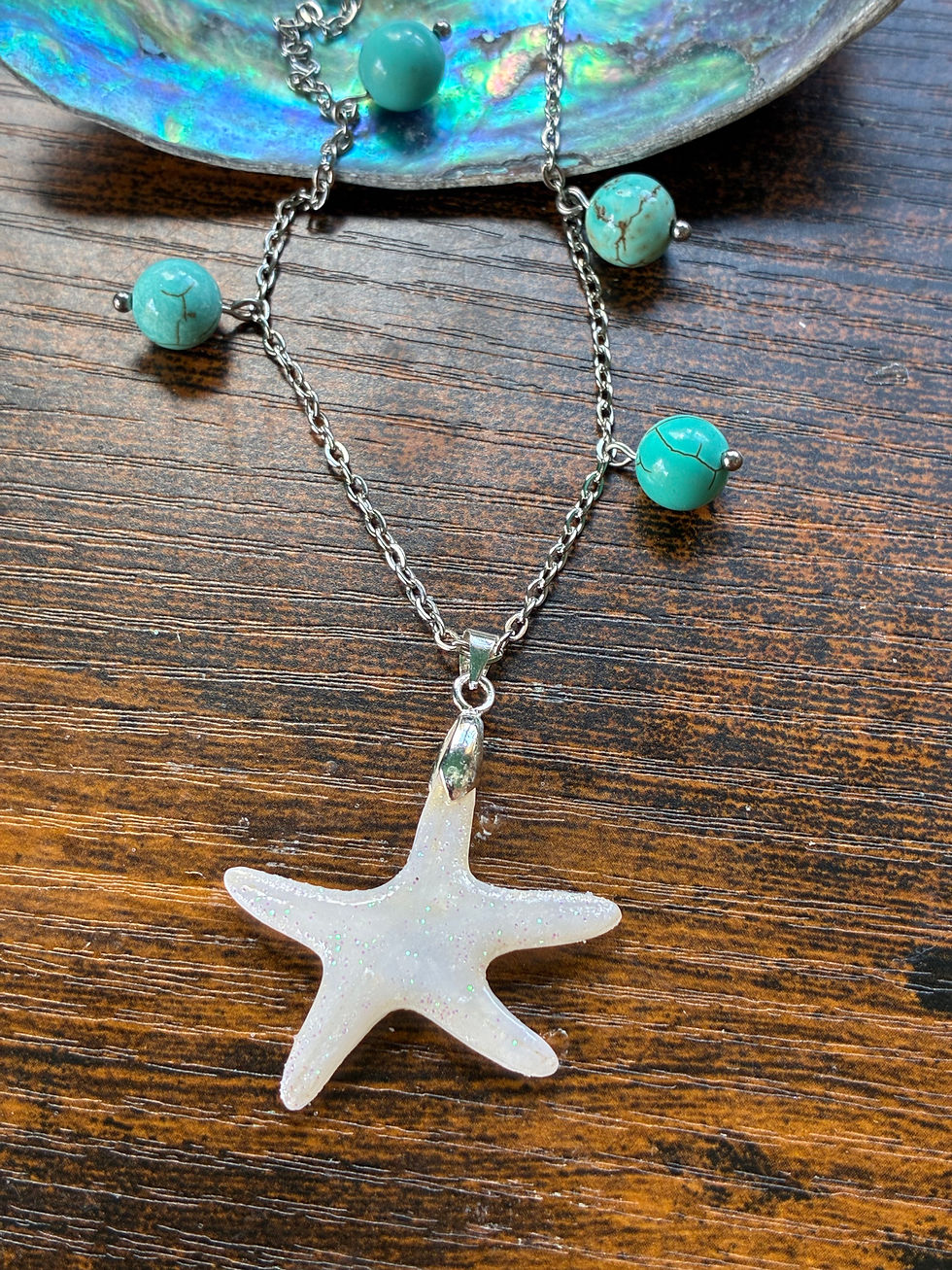 Thumbnail: Aqua teal stone and iredescent polymer clay starfish necklace