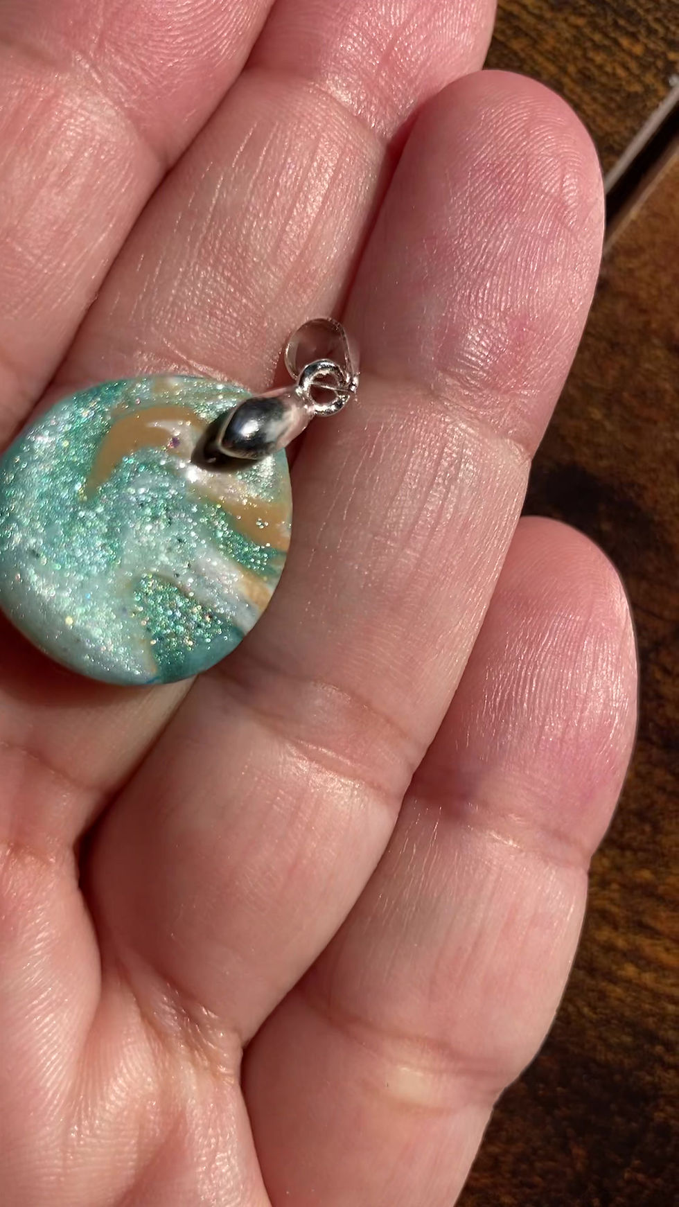 Thumbnail: Shimmery white, brown and teal drop pendant