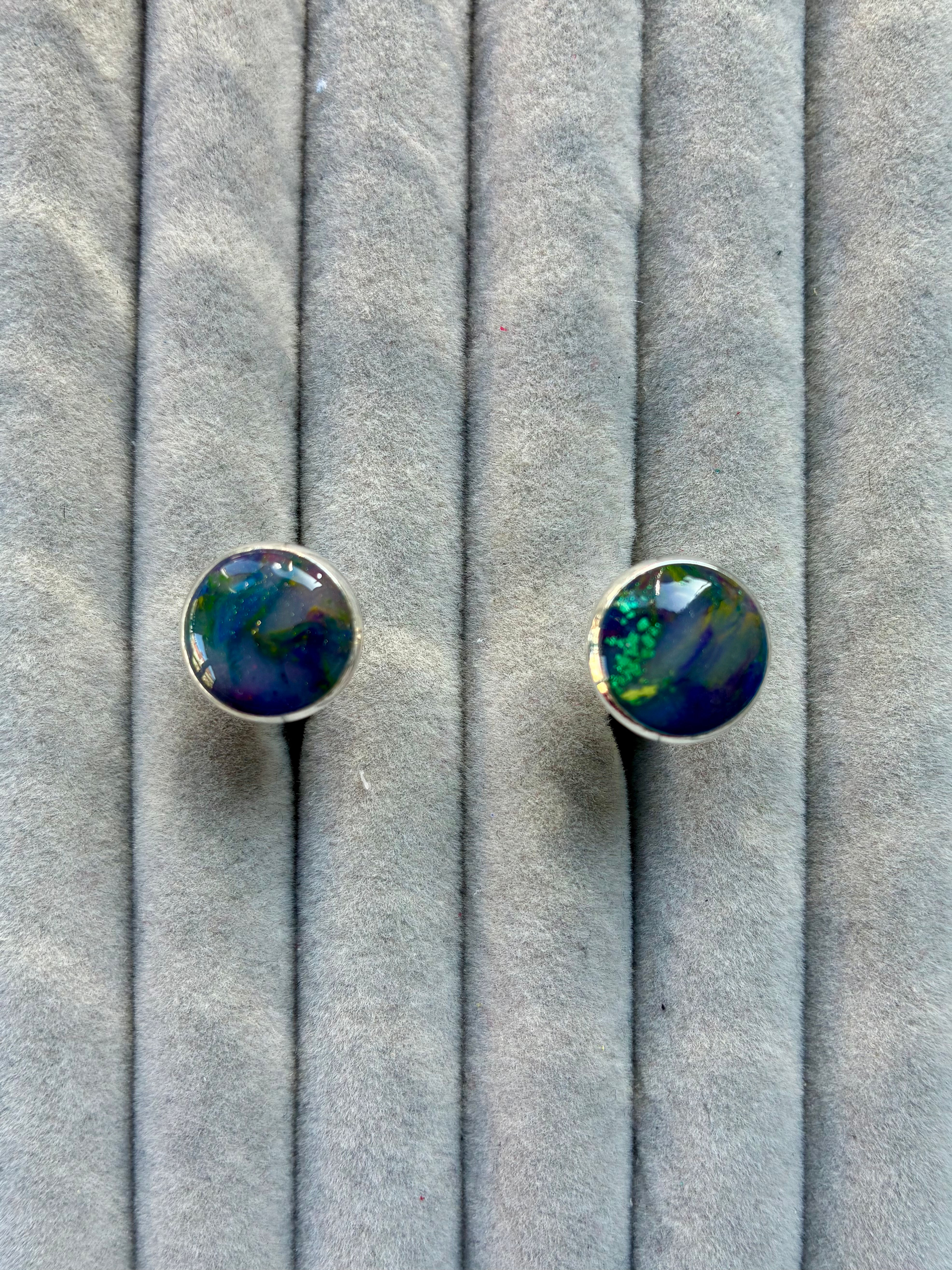 Dark stained glass style polymer clay cufflinks on stainless steel fittings
