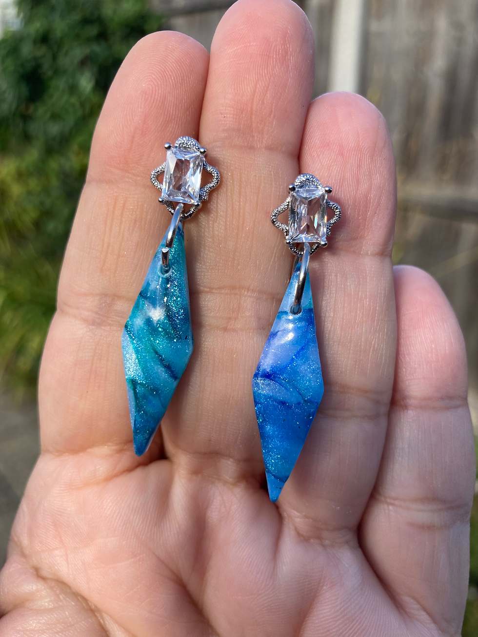 Thumbnail: Marbled blue, purple and green medium slimline earrings on liberty studs
