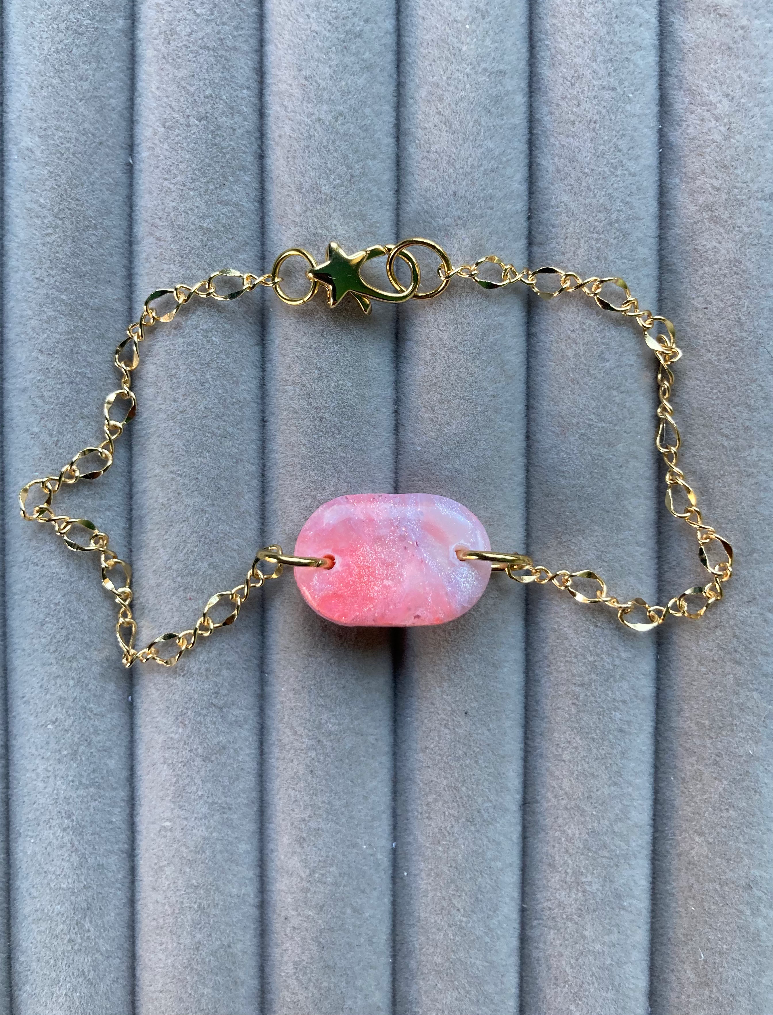 Pink and white polymer clay bracelet on gold a plated cha