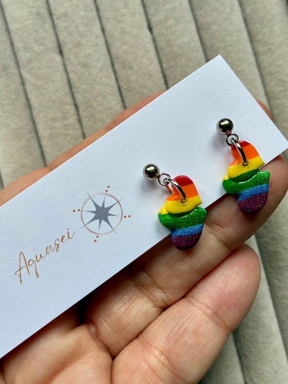 Thumbnail: Rainbow hearts earrings on stainless steel studs