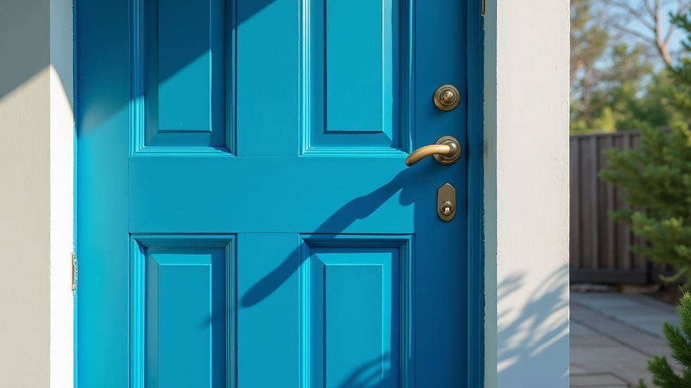 Eye-level view of a freshly painted blue front door with new hardware