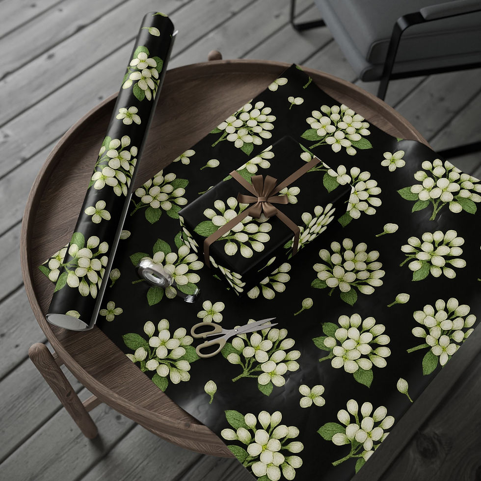 Thumbnail: White Spring Blossoms on Black Wrapping Paper – Spring Awakening