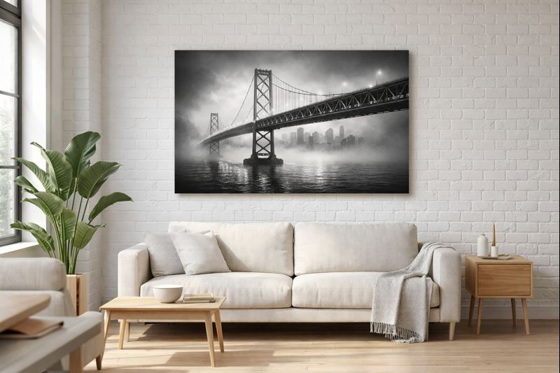 Thumbnail: Fog City Bridge Canvas – Black and White Skyline Art-Modern City Fog Collection