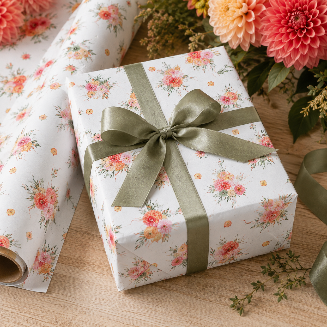 Coral Dahlia Autumn Garden Watercolor Wrapping Paper
