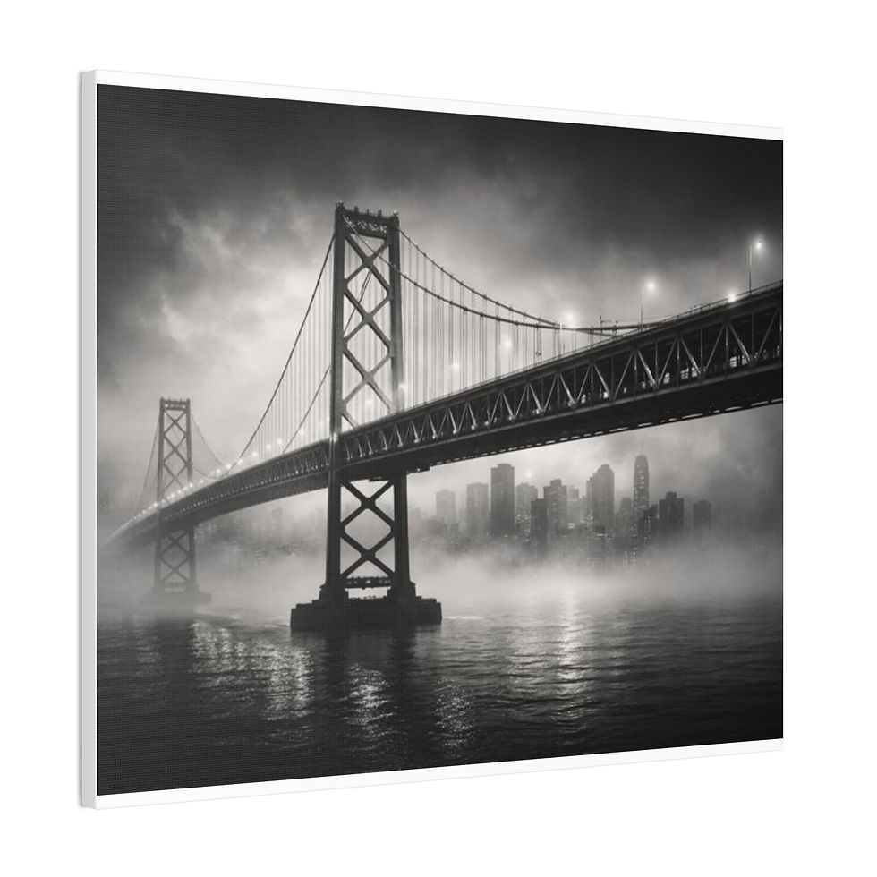 Thumbnail: Fog City Bridge Canvas – Black and White Skyline Art-Modern City Fog Collection