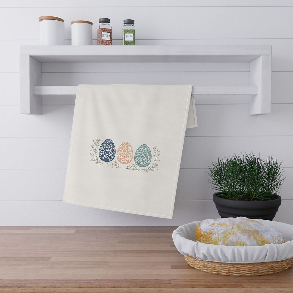 Thumbnail: Heirloom Egg Elegance Easter Trio Cotton Tea Towel—Pastel Spring Kitchen Decor