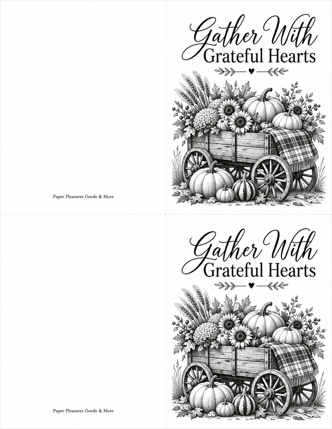 DIGITAL Gather With Grateful Hearts Thanksgiving Printable Card, Black and White