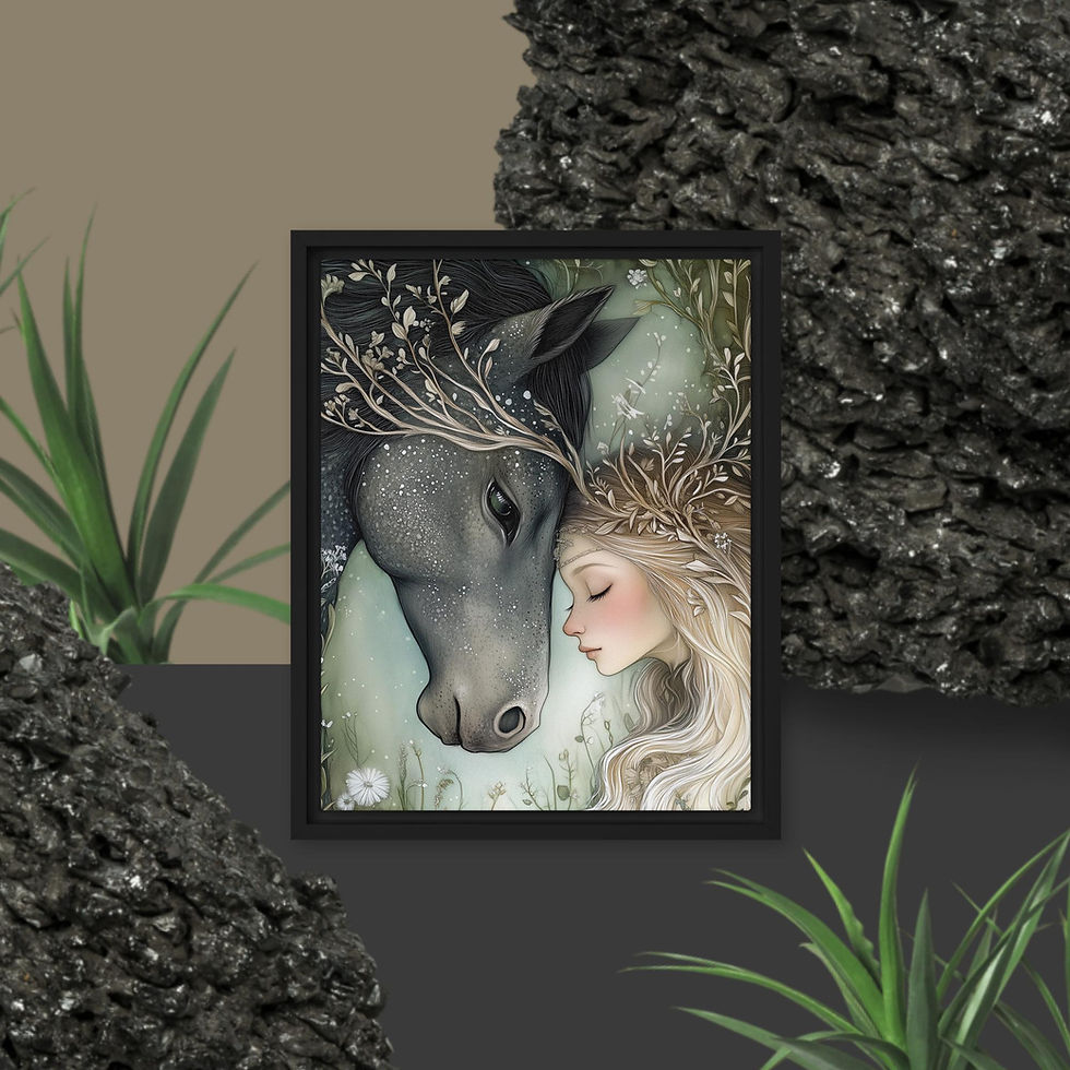 forest nymph with black horse canvas print on table