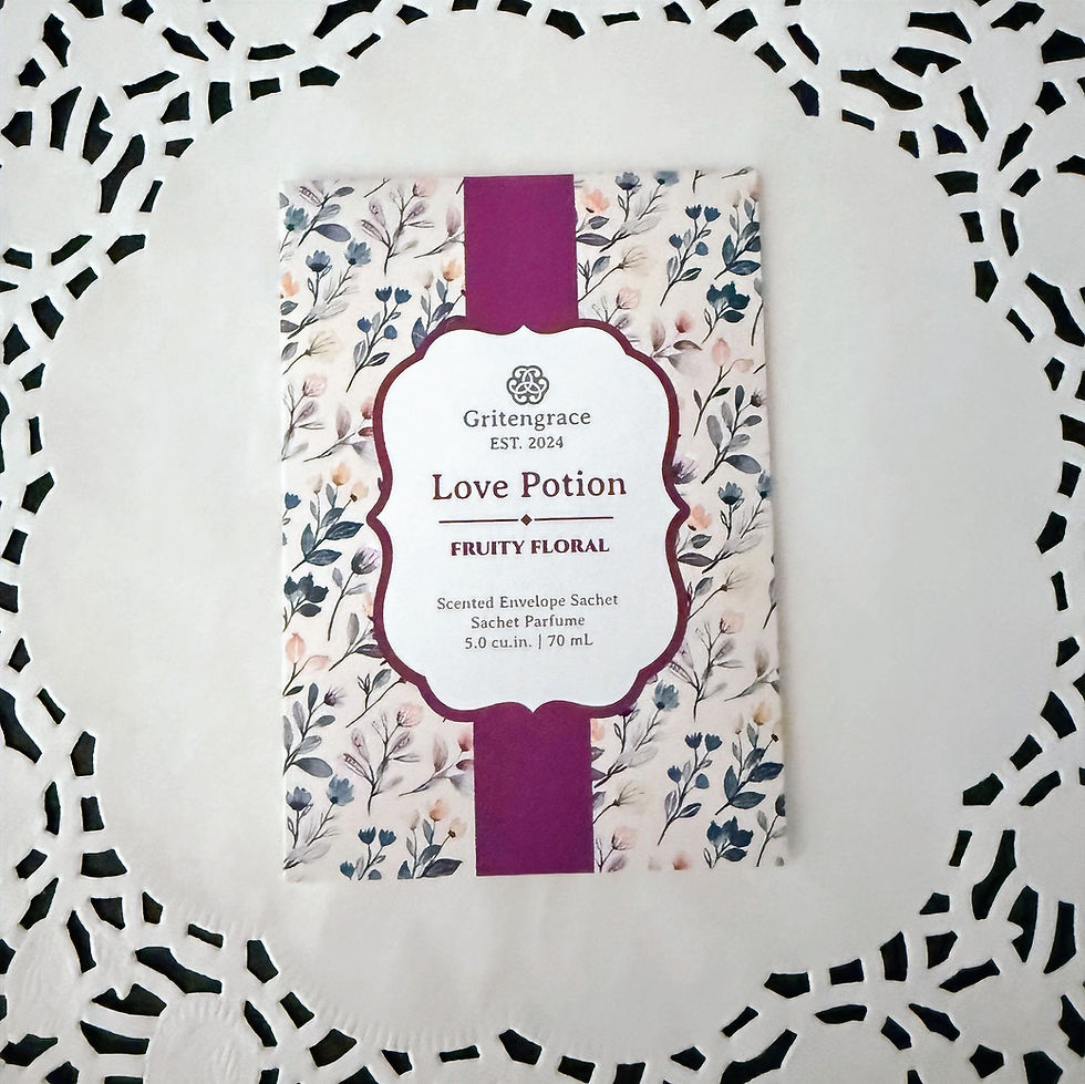 love potion scented sachet laying on a doily