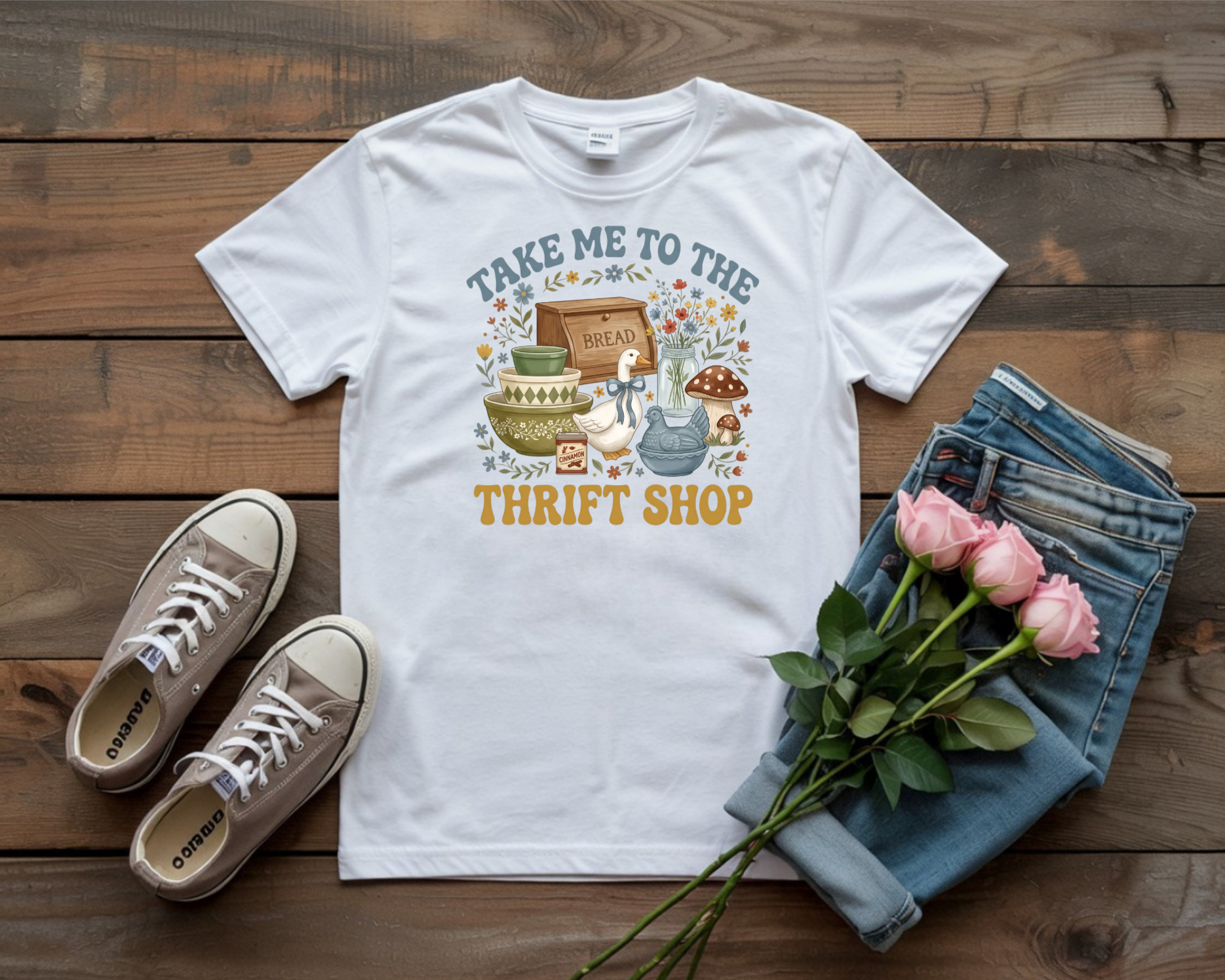 take me to the thrift store white t-shirt lying flat