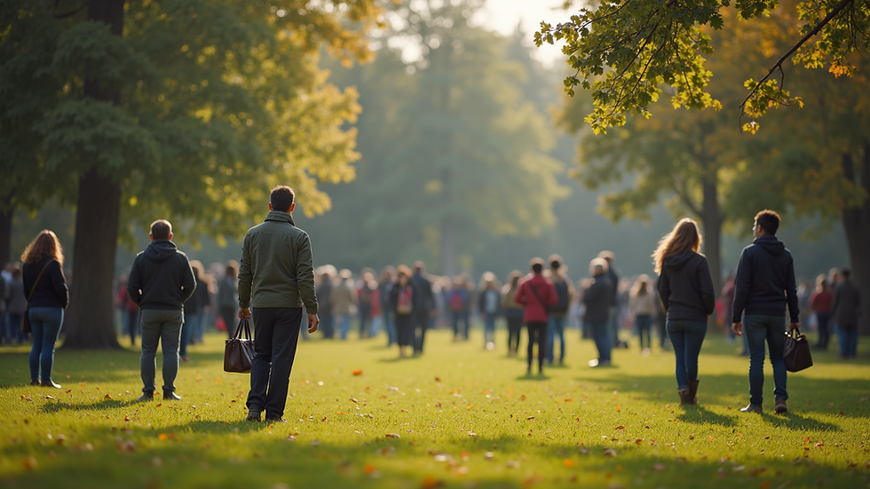 Wide angle view of a community gathering in a park