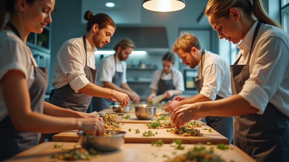 Eye-level view of a cooking class with participants focused on their tasks