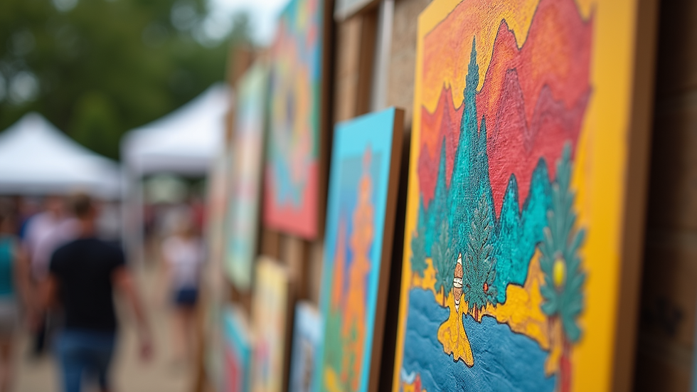 Close-up of colorful art displayed at a community art fair