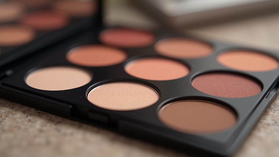 Close-up view of a makeup palette with various shades