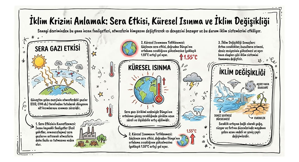 Küresel, ısınma, sera etkisi ve iklim değişikliği farklarını anlatan infografik