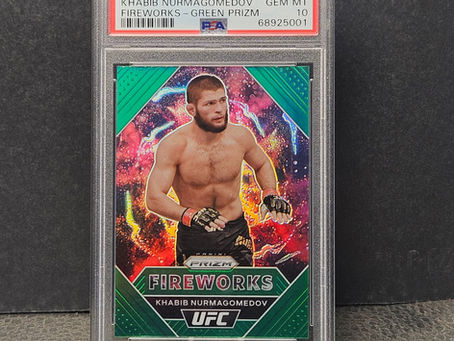 PSA 10 Gem Mint 2021 Panini Prizm UFC Fireworks Green Prizm trading card featuring Khabib Nurmagomedov.