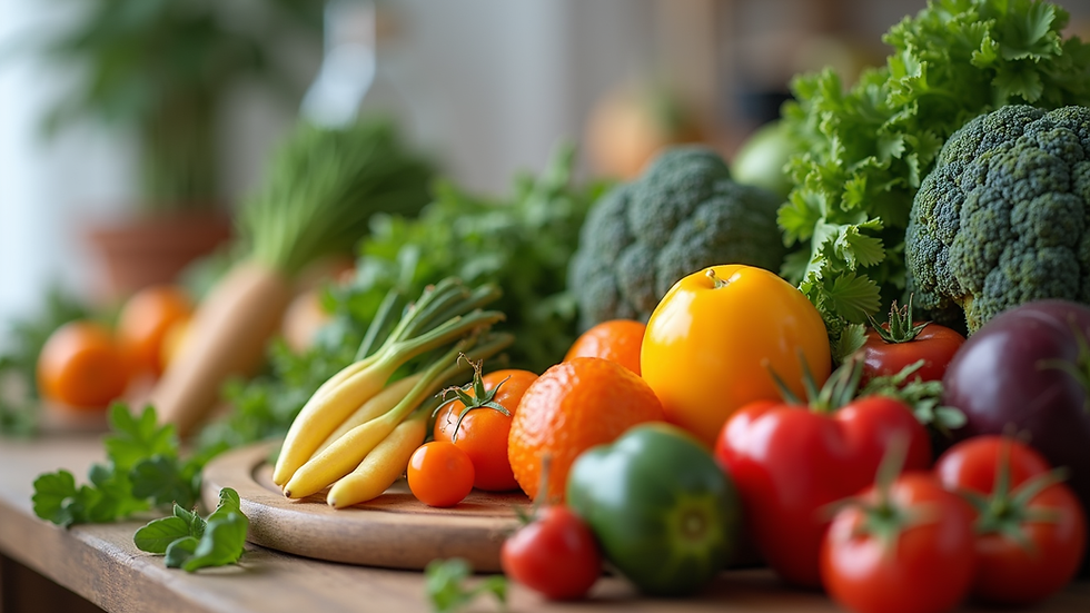 Close-up view of a nutritionist's desk with fresh fruits and vegetables