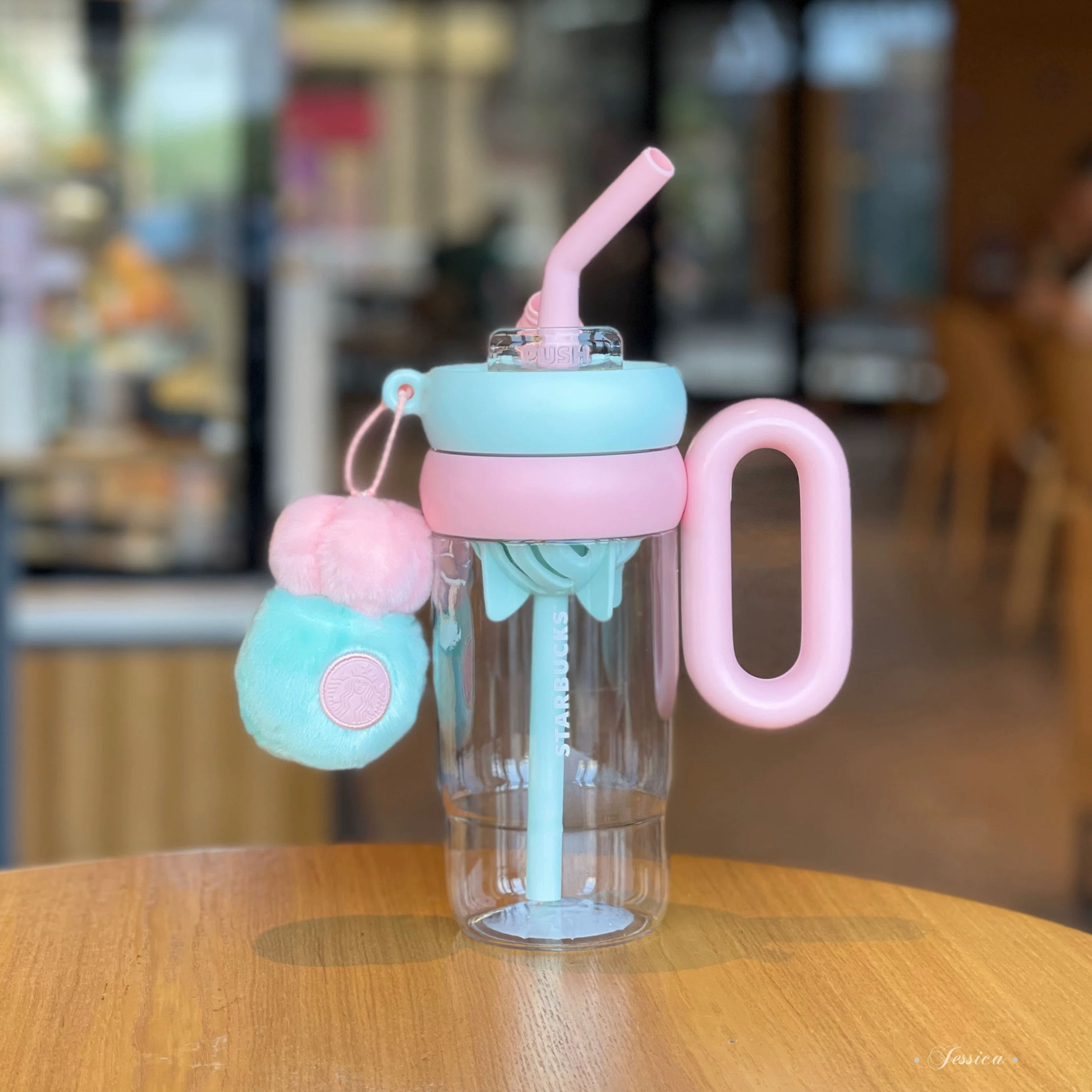 Succulent Garden Pink Blue Straw Cup with Handle and Charm