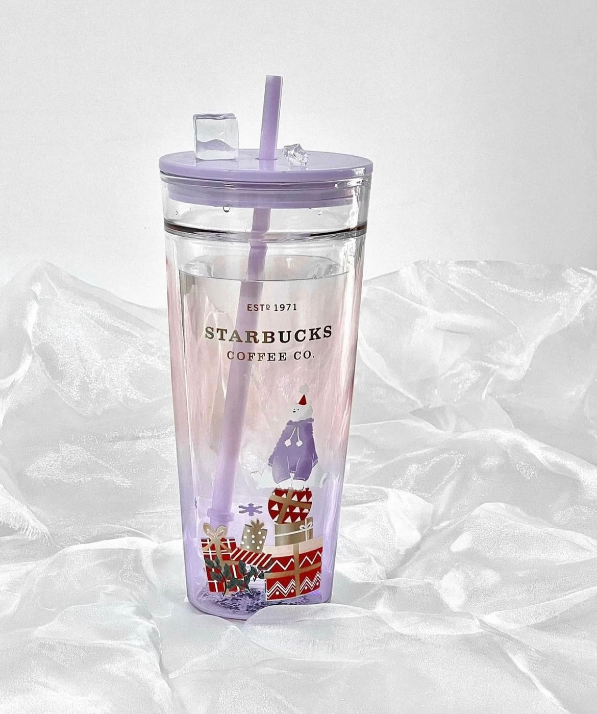 Christmas Polar Bear and Presents Purple Double Walled Glitter Straw Glass Cupt