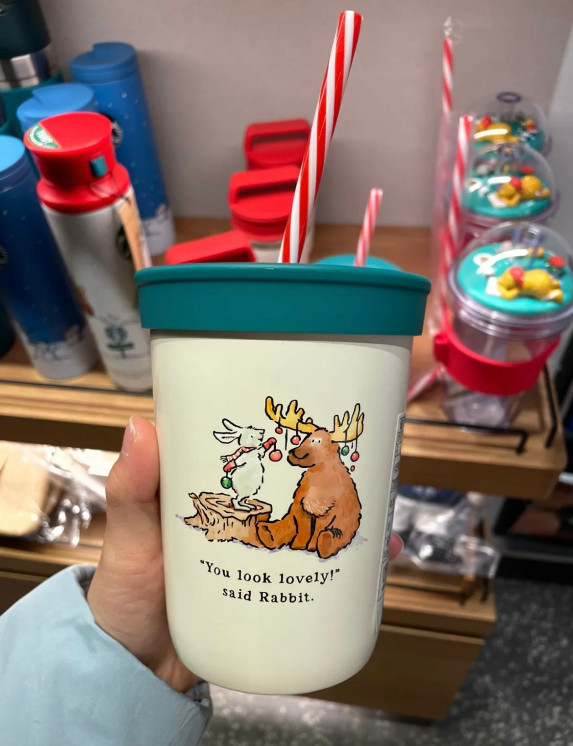 Christmas Rabbit and Moose Straw Cup