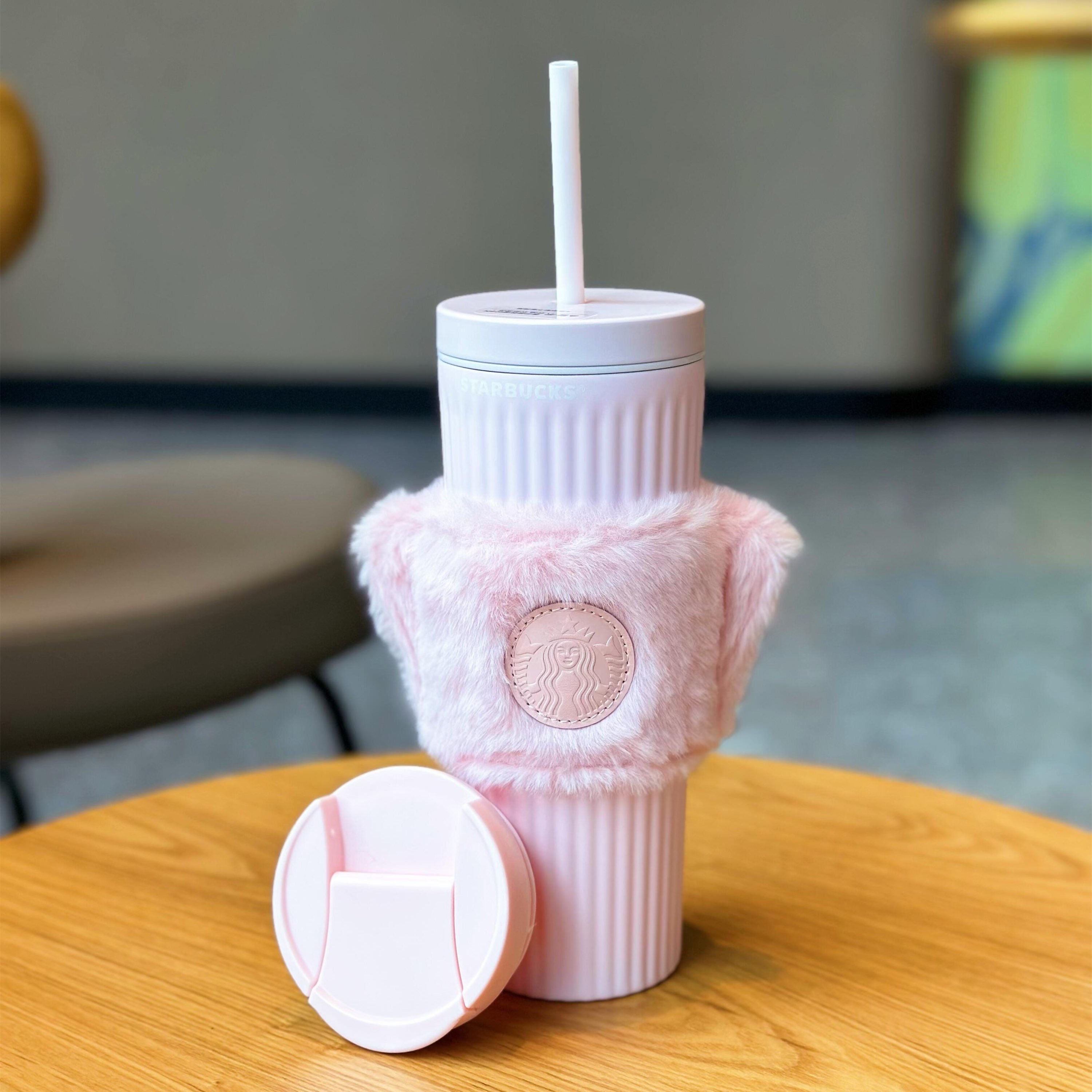 Spring Sakura Bunny Pink Stainless Steel Straw Cup with Fur Sleeve
