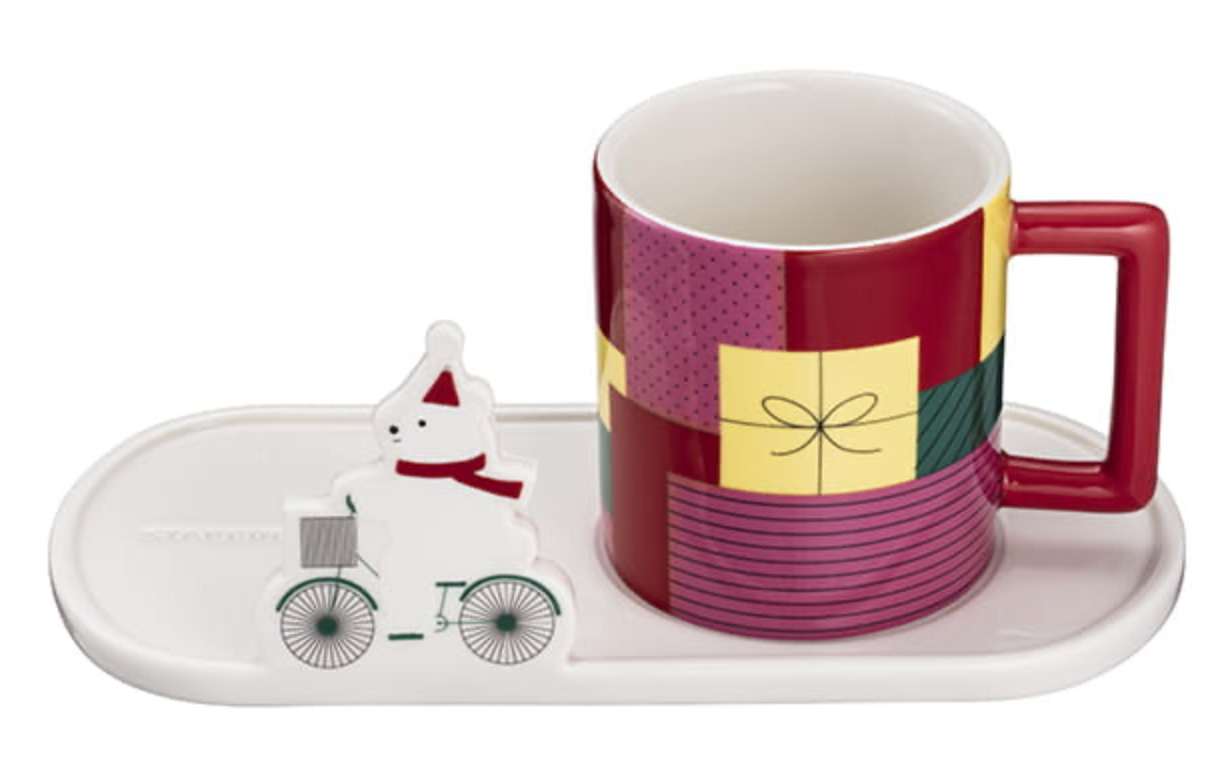 Red Christmas Present Ceramic Mug with Polar Bear Saucer