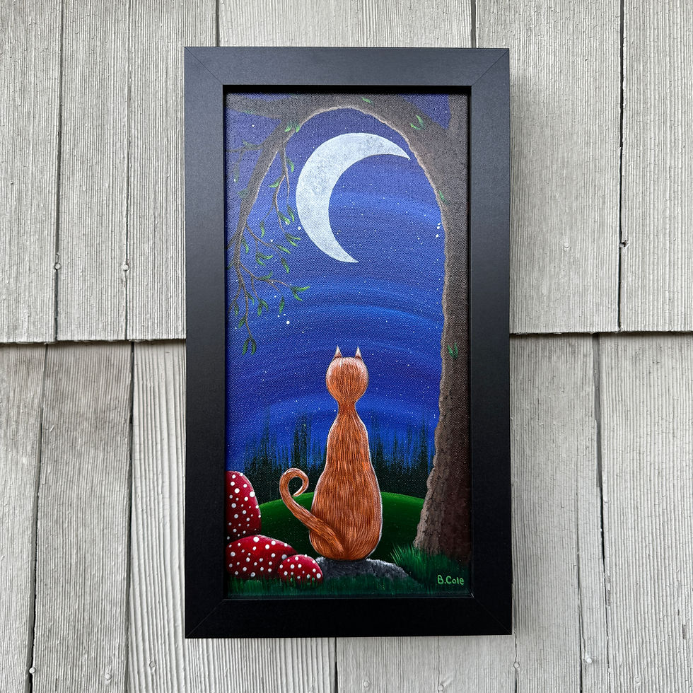 Original Acrylic Painting of a ginger cat in the moonlight.