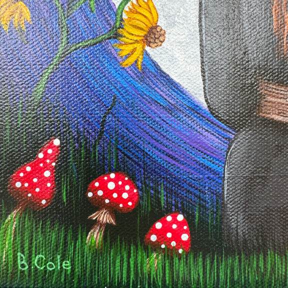 Original acrylic painting of a witch in the moonlight.