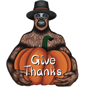 Sasquatch wearing a pilgrim hat and holding a pumpkin.