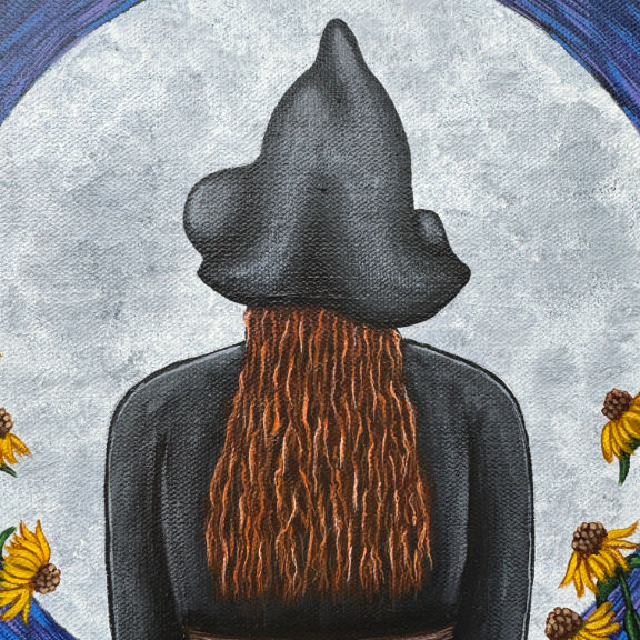 Original acrylic painting of a witch in the moonlight.