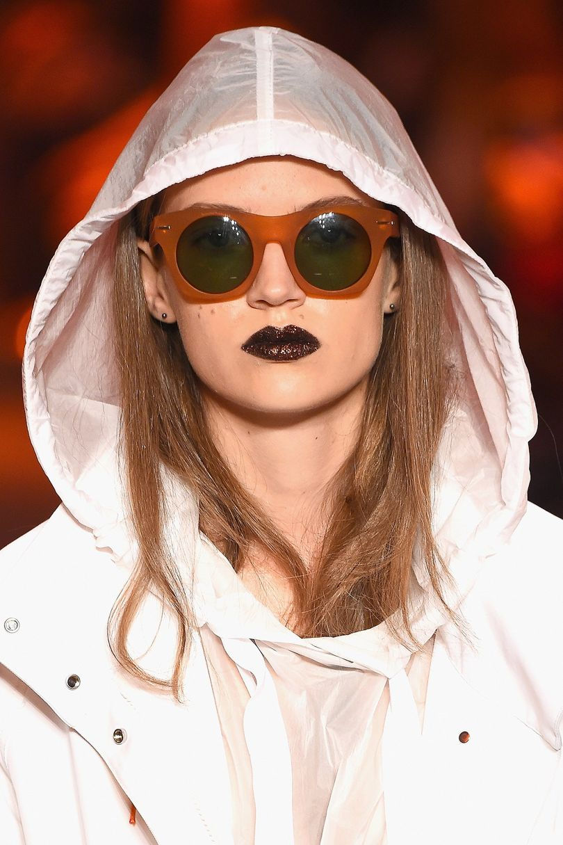 Glitter Lips at DKNY show - to get similar look try Smashbox Be legendary Cream Lipstick $22 - you can then add a glittered lipstick to the look