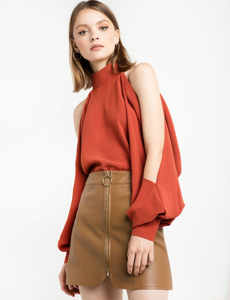 Pixie Market Rust Cold Shoulder Blouse $64 - worn with leather mini skirt