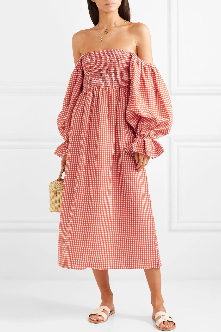 Sleeper Atlanta off-the-shoulder shirred gingham linen midi dress $320